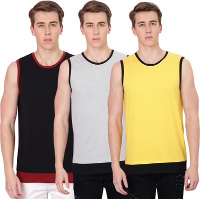 FTX Solid Men Round Neck Black, Grey, Yellow T-Shirt