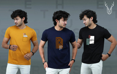 t-hustler Graphic Print Men Round Neck Yellow, Navy Blue, Black T-Shirt