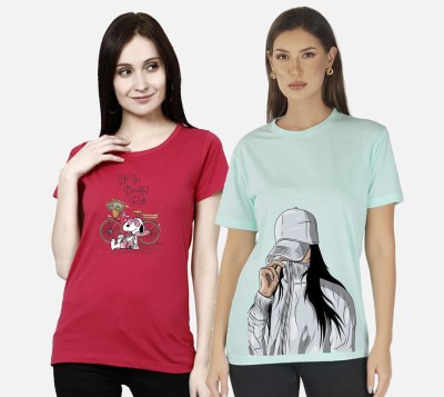 METRONAUT Printed Women Round Neck Light Blue, Red T-Shirt