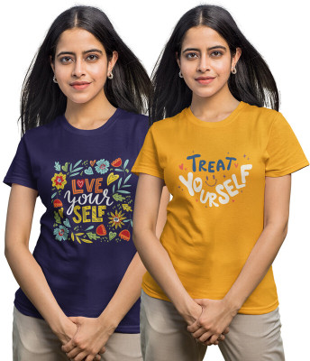 Reifica Printed Women Round Neck Dark Blue, Yellow T-Shirt