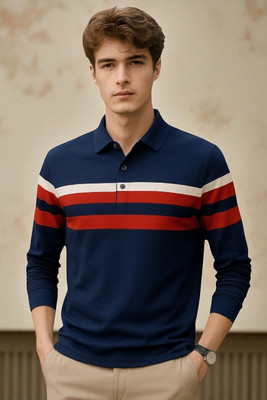 FASHIUM Striped Men Polo Neck Navy Blue T-Shirt