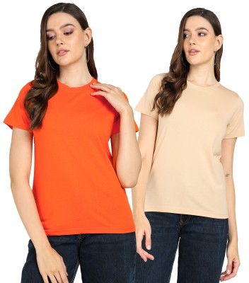 Adyavastram Solid Women Round Neck Orange T-Shirt