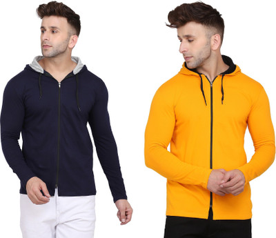 Money Leaf Solid Men Hooded Neck Dark Blue, Yellow T-Shirt