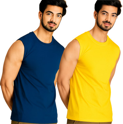 Adorbs Solid Men Round Neck Dark Blue, Yellow T-Shirt