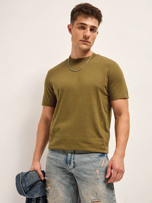 THE BEAR HOUSE Solid Men Round Neck Dark Green T-Shirt