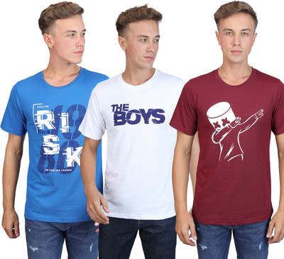 SUPERSQUAD Printed Men Round Neck Maroon, White, Blue T-Shirt