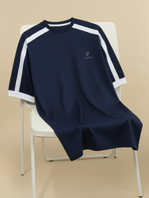 Jump Cuts Colorblock Men Round Neck Dark Blue T-Shirt