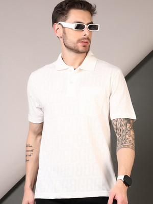 V-MART Self Design Men Polo Neck White T-Shirt