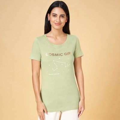 Honey By Pantaloons Printed, Typography Women Round Neck Green T-Shirt