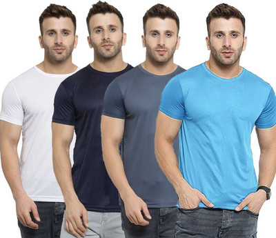 TQH Solid Men Round Neck Dark Blue, Light Blue, White, Grey T-Shirt