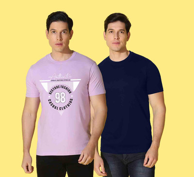 WOOSTRO Printed, Solid Men Round Neck Blue, Pink T-Shirt
