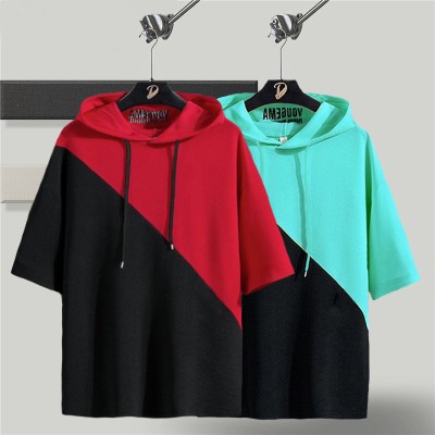 Try This Colorblock Men Hooded Neck Red, Light Green, Black T-Shirt