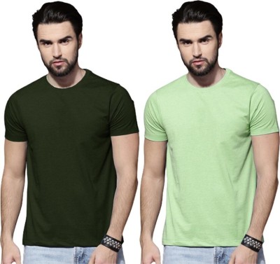 FLYBOX Solid Men Round Neck Light Green, Dark Green T-Shirt