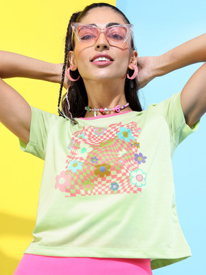 Tokyo Talkies Floral Print Women Round Neck Light Green T-Shirt