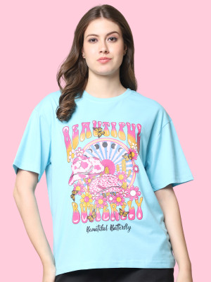 GLOBAL NOMAD Graphic Print Women Round Neck Light Blue T-Shirt