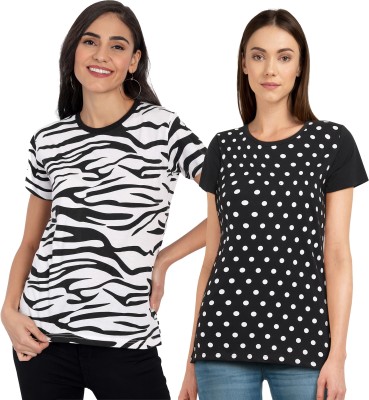 CHOZI Printed Women Round Neck Dark Blue, White, Black T-Shirt