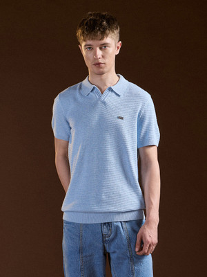THE BEAR HOUSE Self Design Men Polo Neck Blue T-Shirt