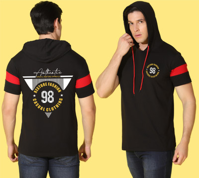WOOSTRO Printed Men Hooded Neck Black T-Shirt