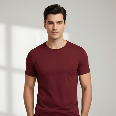 Tanushk Solid Men Round Neck Maroon T-Shirt