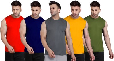 Think Tech Solid Men Round Neck Red, Dark Blue, Grey, Yellow, Dark Green T-Shirt