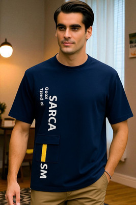 FASHIUM Printed Men Round Neck Navy Blue T-Shirt