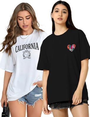 TQH Graphic Print Women Round Neck Black, White T-Shirt