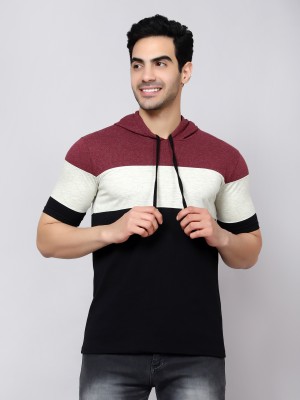 DIAZ Striped Men Hooded Neck Maroon T-Shirt