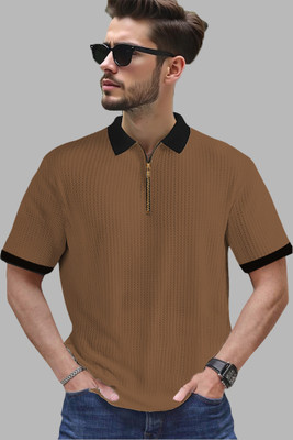 NB NICKY BOY Self Design Men Zip Neck Brown T-Shirt