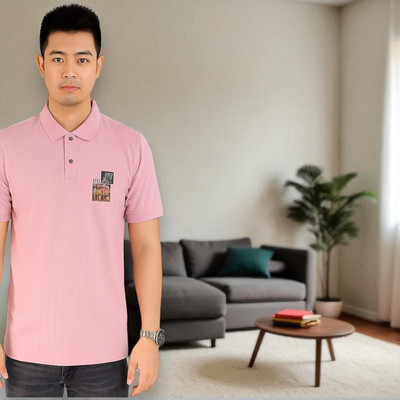SmartyWorld Solid Men Polo Neck Pink T-Shirt