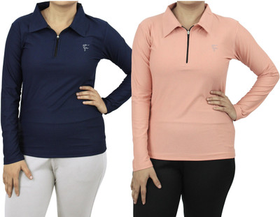 MYO Solid Women Zip Neck Multicolor T-Shirt