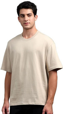 Style Of My Life Solid Men Round Neck Beige T-Shirt