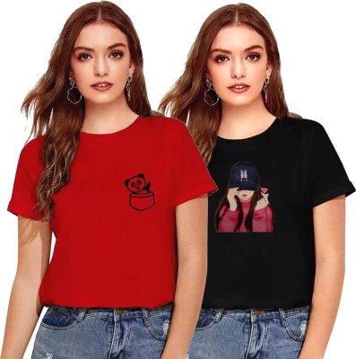 Boscage with device Graphic Print Women Round Neck Red, Black T-Shirt