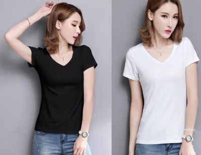 Bi Fashion Solid Women V Neck Multicolor T-Shirt