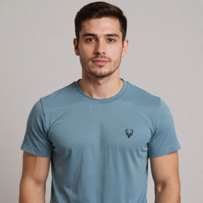 VITON Solid, Embroidered Men Round Neck Light Blue T-Shirt
