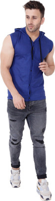 GEUM Solid Men Hooded Neck Blue T-Shirt