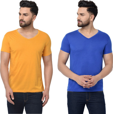 Tresna Trendy Solid Men V Neck Dark Blue, Yellow T-Shirt
