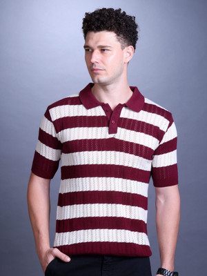 Mast & Harbour Striped Men Polo Neck White, Maroon T-Shirt