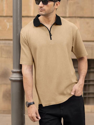 WAY TO TRENDY Solid Men Polo Neck Beige T-Shirt