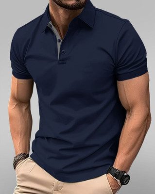 EyeBogler Solid Men Polo Neck Dark Blue T-Shirt