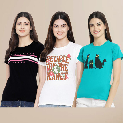 METRONAUT Printed Women Round Neck Multicolor T-Shirt