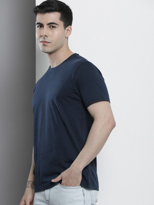OrrganicChics Solid Men Round Neck Navy Blue T-Shirt