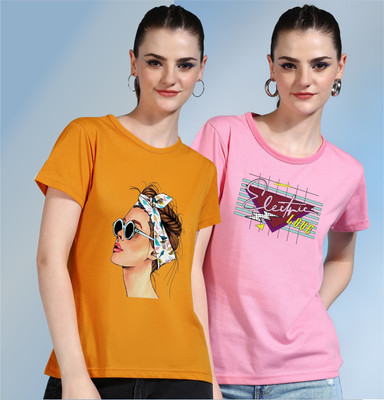 METRONAUT Printed Women Round Neck Yellow, Pink T-Shirt