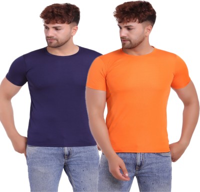 KASPY Solid Men Round Neck Orange, Navy Blue T-Shirt
