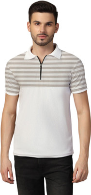 tfurnish Striped Men Polo Neck Grey T-Shirt
