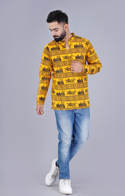 nsbeanie Men Printed Straight Kurta(Yellow)