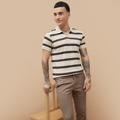 Fame Forever by Lifestyle Striped Men Polo Neck Beige T-Shirt