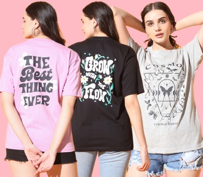 SwellSwag Typography Women Round Neck Grey, Black, Pink T-Shirt