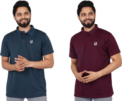 La Milano Solid Men Polo Neck Maroon, Blue T-Shirt