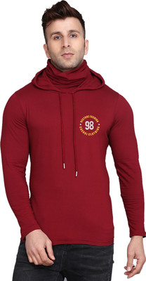 WOOSTRO Printed Men Hooded Neck Maroon T-Shirt