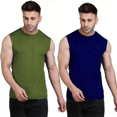MR THINK Solid Men Round Neck Green, Navy Blue T-Shirt